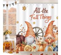 Dazzlewall Autumn Gnome Shower Curtain, Orange Pumpkin Leaves Harvest All the Fall Things Bathroom Curtain 180x180cm, Waterproof Mould Resistant Fabric with 12 Hooks