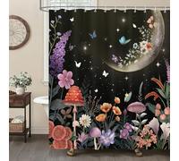 Dazzlewall Black Moon Garden Shower Curtain, Colourful Mushroom Butterfly Bathroom Curtain Waterproof Mould Resistant Fabric with 12 Hooks, 180 x 180 cm
