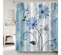 Dazzlewall Blue Floral Shower Curtain 180 x 180 cm, Blue White Daisy Flowers Butterfly Rustic Farmhouse Wooden Bathroom Curtain, Waterproof Mould Resistant Fabric with 12 Hooks