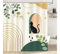 Dazzlewall Boho Black Cat Shower Curtain 180x180cm, Green Leaf Abstract Bathroom Curtain, Waterproof Mould Resistant Polyester Fabric with 12 Hooks