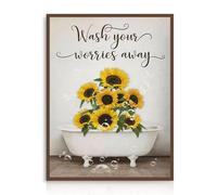 Dazzlewall Cheerful Sunflower Bathroom Wall Art,Wash Your Worries Away Inspirational Quote with Floral Bathtub Wall Poster for Bathroom Toilet Decor 12x16 in Unframed