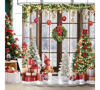 Dazzlewall Christmas Shower Curtain 180 x 180 cm, Christmas Wreath Xmas Tree Snowy Window Gift Bathroom Curtain, Waterproof Mould Resistant Fabric with 12 Hooks