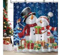 Dazzlewall Christmas Snowman Shower Curtain 180 x 180 cm, Winter Blue Christmas Tree Xmas Gift Bathroom Curtain, Waterproof Mould Resistant Fabric with 12 Hooks