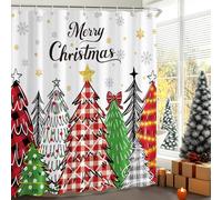 Dazzlewall Christmas Tree Shower Curtain 180 x 180 cm, Merry Christmas Red Green Buffalo Check Plaid Xmas Tree Star Bathroom Curtain, Waterproof Mould Resistant Fabric with 12 Hooks
