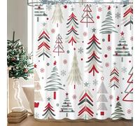 Dazzlewall Christmas Tree Shower Curtain, Red Green Xmas Tree Star Snowflake Winter Decor Bathroom Curtain 180 x 180 cm, Waterproof Mildew and Mould Resistant Fabric with 12 Hooks