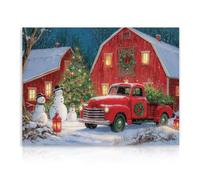 Dazzlewall Christmas Wall Art Print, Red Truck Barn Christmas Poster Print Rustic Farmhouse Xmas Pictures Wall Decor for Home Bathroom Bedroom, 16x12 in Unframed
