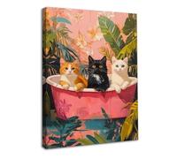 Dazzlewall Framed Bathroom Cat Wall Art Poster, Three Cats in Bathtub Tropical Leaves Wall Art Print Funny Animal Canvas Prints Green Leaves Pink Picture, 12x16 in