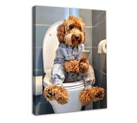 Dazzlewall Framed Funny Animal Bathroom Wall Art Decor, Dog Sitting on Toilet Playing with Phone Humor Poster Picture for Toilet Bathroom 12x16in
