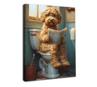 Dazzlewall Framed Funny Bathroom Wall Art Decor Dog Reading Newspaper on Toilet, Vintage Dog Canvas Wall Art for Toilet Bathroom Decor 12x16 in