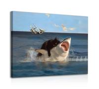 Dazzlewall Framed Funny Cat and Shark Wall Art Print, Quirky Black Cat Biting Shark Painting Picture for Bedroom Bathroom Decor 12x16 in