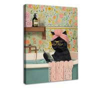 Dazzlewall Framed Funny Cat Bathroom Wall Art, Black Cat Reading in Bathtub Wall Decor Painting, Cute Animal Picture for Bathroom Toilet Art Decor 12x16 in