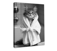 Dazzlewall Framed Funny Cat Bathroom Wall Art, Cute Cat in Bathrobe Black and White Animal Picture for Bathroom Toilet Decor 12x16 in