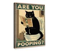 Dazzlewall Framed Funny Cat Bathroom Wall Art Poster - Are You Pooping Sign, Vintage Sitting on Toilet Reading Newspaper - 12x16 in