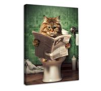 Dazzlewall Framed Funny Cat Wall Art Decor Cat in Toilet Reading Newspaper, Vintage Canvas Wall Art for Bathroom Toilet Decor 12x16 in