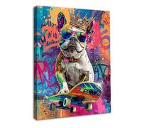 Dazzlewall Framed Funny Dog Graffiti Wall Art, Funky Dog Play Skateboard Wall Poster Colorful Animal Picture Print for Bedroom Bathroom Decor 12x16 in