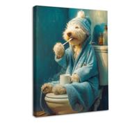Dazzlewall Framed Funny Dog Wall Art Poster, White Dog Brushing Teeth in Teal Blue Bathrobe Picture Funny Bathroom Animal Wall Art Print, 12x16 in