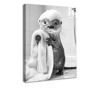 Dazzlewall Framed Funny Otter Bathroom Wall Art Decor,Black and White Soap-Foamed Cute Otter with Towel Canvas Wall Poster for Bathroom Toilet Decor 12x16 in