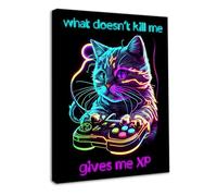 Dazzlewall Framed Neon Gaming Wall Art Poster, Funny Cyberpunk Cat Picture for Teen Boy Bedroom Game Room Decor 12×16 in