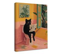 Dazzlewall Framed Retro Animal Wall Art Decor, Black Cat Reading Newspaper on Toilet Canvas Print for Bathroom Decor 12x16 in