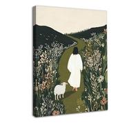 Dazzlewall Framed Sage Green Christian Wall Art Decor, Jesus & Lamb Walking in Field Artwork Print Religious Canvas Painting for Church Bedroom Prayer Room, 12x16 in