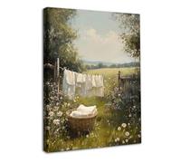 Dazzlewall Framed Serene Farmhouse Laundry Day Wall Art,Idyllic Floral Field & Rustic Country Canvas Prints for Laundry Room Farmhouse Bedroom Living Room Decor 12x16 in