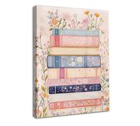 Dazzlewall Framed Vintage Pink Canvas Wall Art, Retro Floral Book Stack Artwork Print Girls Room Dorm Wall Decor for Bedroom Living Room, 12x16 in