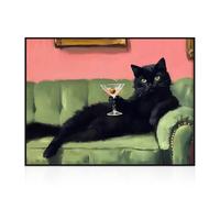 Dazzlewall Funny Black Cat Wall Art,Retro Elegant Black Cat Holding Martini Arts Prints for Bedroom Living Room Bar Decor 12x16 in Unframed