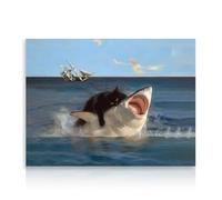 Dazzlewall Funny Cat and Shark Wall Art Print, Quirky Black Cat Biting Shark Painting Picture for Bedroom Bathroom Decor 12x16 in Unframed