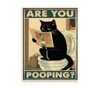 Dazzlewall Funny Cat Bathroom Wall Art Poster - Are You Pooping Sign, Vintage Sitting on Toilet Reading Newspaper - 12x16 in Unframed