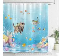 Dazzlewall Funny Cat Shower Curtain, Diving Cat Fish Coral Ocean Scenic Bathroom Curtain 180x180cm, Waterproof Mould Resistant Polyester Fabric With 12 Hooks