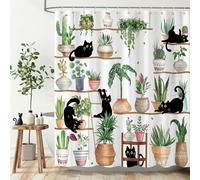 Dazzlewall Funny Cats Shower Curtain, Green Potted Plants Bathroom Curtain Waterproof Mould Resistant Fabric with 12 Hooks, 180 x 180 cm