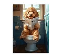 Dazzlewall Funny Poodle Poster, Humorous Dog Reading Newspaper Wall Art for Bathroom Toilet Decor 12x16 in Unframed