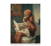 Dazzlewall Funny Vintage Dog Bathroom Wall Decor,Whimsical Retro Style Glasses-Wearing Poodle Reading Newspaper on Toilet Canvas Print for Bathroom Toilet Decor 12x16 in Unframed