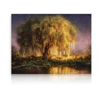 Dazzlewall Golden Firefly Willow Tree Wall Art, Enchanting Night Sky Canvas Picture for Living Room Bedroom Decor, 12x16 in Unframed