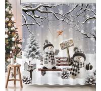 Dazzlewall Merry Christmas Shower Curtain 180 x 180 cm, Grey Xmas Pine Tree Snowman Snowflake Birds Bathroom Curtain, Waterproof Mould Resistant Fabric with 12 Hooks