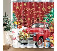 Dazzlewall Merry Christmas Shower Curtain 180 x 180 cm, Red Retro Truck Car Christmas Tree Bell Baubles Xmas Gift Bathroom Curtain, Waterproof Mould Resistant Fabric with 12 Hooks
