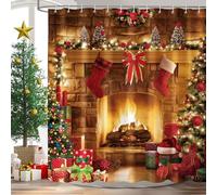 Dazzlewall Merry Christmas Shower Curtain 180 x 180 cm, Warm Fireplace Christmas Stocking Xmas Tree Bathroom Curtain, Waterproof Mildew and Mould Resistant Fabric with 12 Hooks