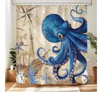 Dazzlewall Nautical Octopus Shower Curtain, Retro Blue Ocean Biological Coastal Beach Sailboat Bathroom Curtain Waterproof 180x180cm, Mould Resistant Polyester Fabric with 12 Hooks