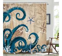 Dazzlewall Nautical Octopus Shower Curtain, Teal Kraken Ocean Coastal Marine Vintage Map Bathroom Curtain 180x180cm, Mildew & Mould Resistant Waterproof with 12 Hooks