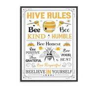 Dazzlewall Retro Bee Wall Art, Hive Rules Motivational Quote Poster for Farmhouse Kitchen Bedroom Decor 12x16 in Unframed