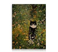 Dazzlewall Retro Cat Floral Wall Poster, Black and White Cat in Flowers Klimt Style Canvas Prints for Living Room Decor 12x16 in Unframed