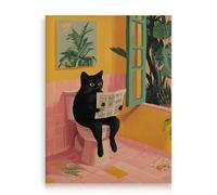 Dazzlewall Retro Cat Wall Art, Tropical Black Cat Reading Newspaper on Toilet Canvas Print for Bathroom Decor 12x16 in Unframed