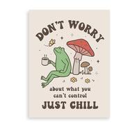 Dazzlewall Retro Frog Wall Art, Don't Worry Just Chill Coffee & Mushroom Poster for Bedroom Office Decor 12x16 in Unframed