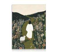 Dazzlewall Sage Green Christian Wall Art Decor, Jesus & Lamb Walking in Field Artwork Print Religious Canvas Painting for Church Bedroom Prayer Room, 12x16 in Unframed