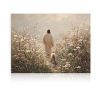 Dazzlewall Spiritual Christian Wall Art, Jesus Walking with Lamb in Sunlit Wildflower Poster for Bedroom Church Decor 12x16 in Unframed