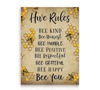 Dazzlewall Vintage Bee Canvas Wall Art, Positive Hive Rules Pun-Filled Poster for Home Cabin Yard Backyard Decor 12x16 in Unframed