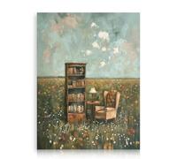 Dazzlewall Vintage Reading Nook Canvas Wall Art, Oil Painting Bookshelf Sofa in Wildflower Field Poster for Bedroom Study Decor 12x16 in Unframed