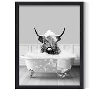 DAZZLING BEAUTY Animals Canvas Wall Art Highland Cow Take Bath in Tub Posters Prints Artwork Funny Bathroom Wall Decor Modern Black Framed Pictures for Toilet Bathroom Decoration Gifts - 12"x16"