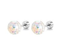 Dazzling Crystal Disco Ball Studs, 20G Stainless Steel Cartilage Earrings for Women, Colorful Austrian CZ Screw Flat Back, Fashion Retro 70s Prom Party Jewellery Gift (White, 6mm)