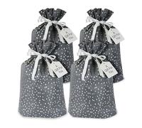 Dazzling Fabric Gift Bags - Luxury Gray & Silver Sparkle- w/White Ribbon Drawstring and Gift Tags (Set of 4) 13" x 18"